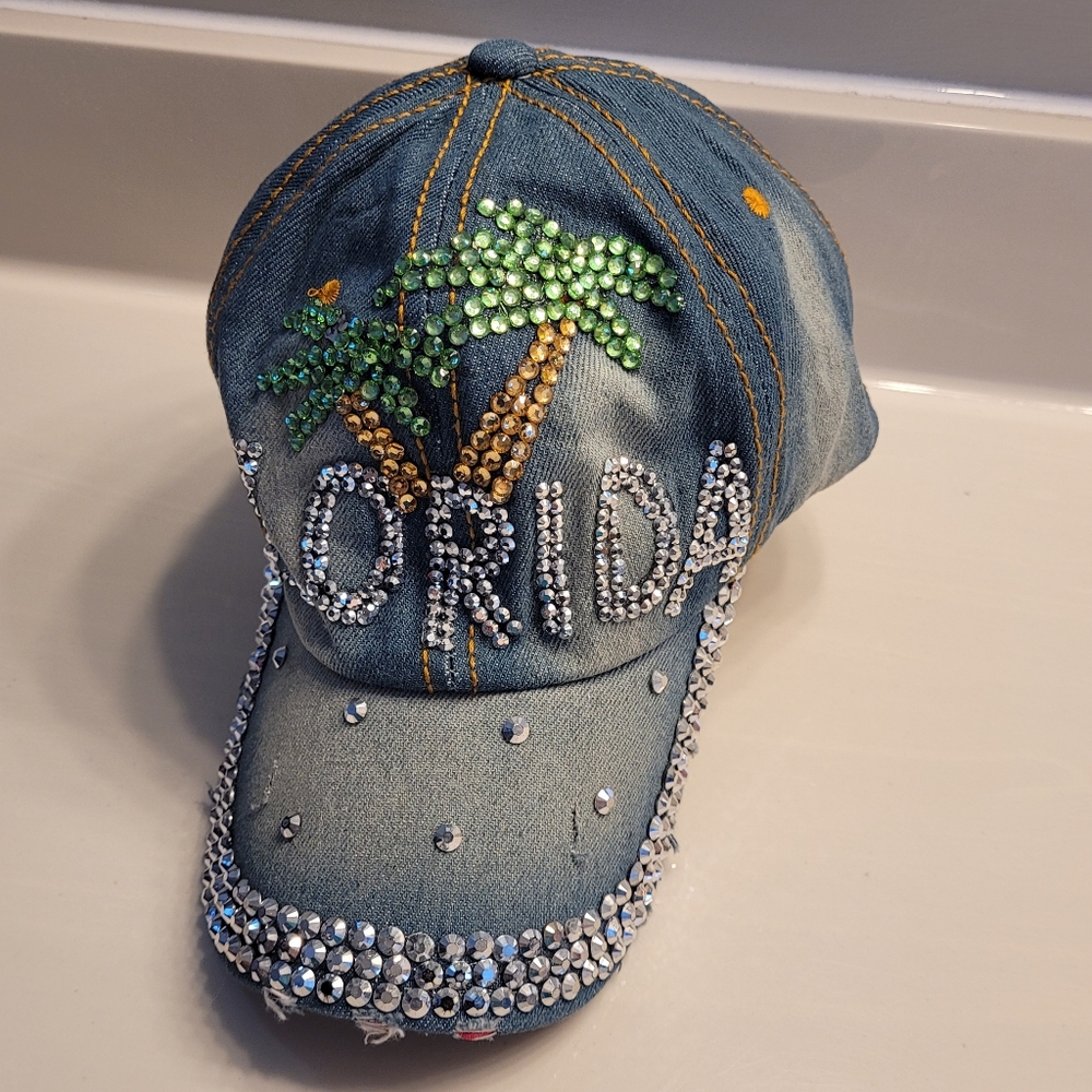 Florida Palm Trees Bedazzled Vintage Look Denim Asjustable Adult Ball Cap - Picture 3 of 13